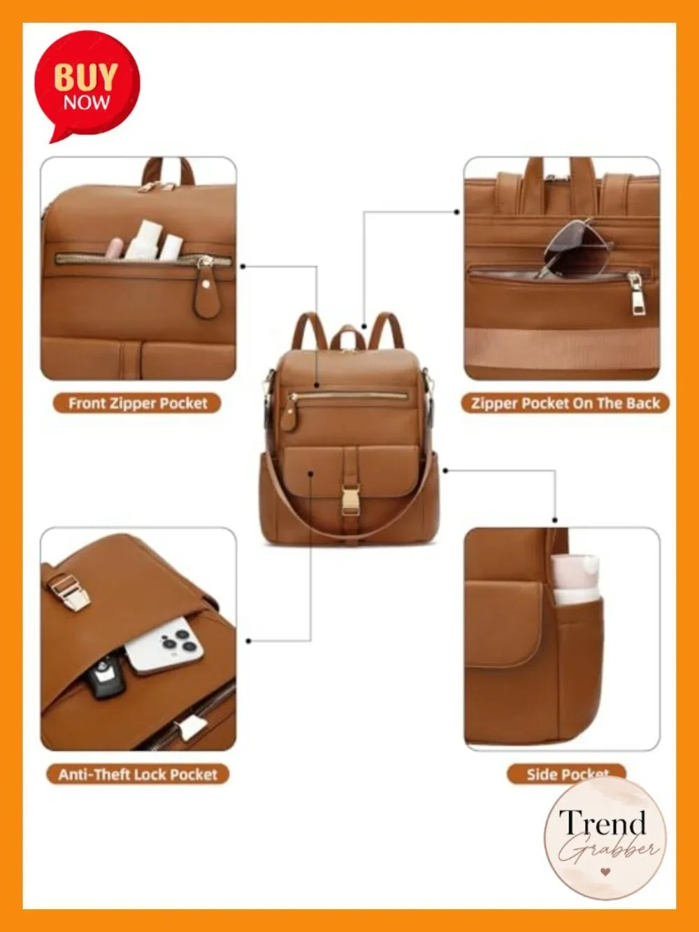 Faux Leather Multi-Pocket Travel Backpack for Women, Anti-Theft Daypack with